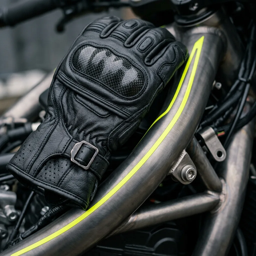 Zwarte leren motorhandschoen met knokkelbescherming op een motorframe
