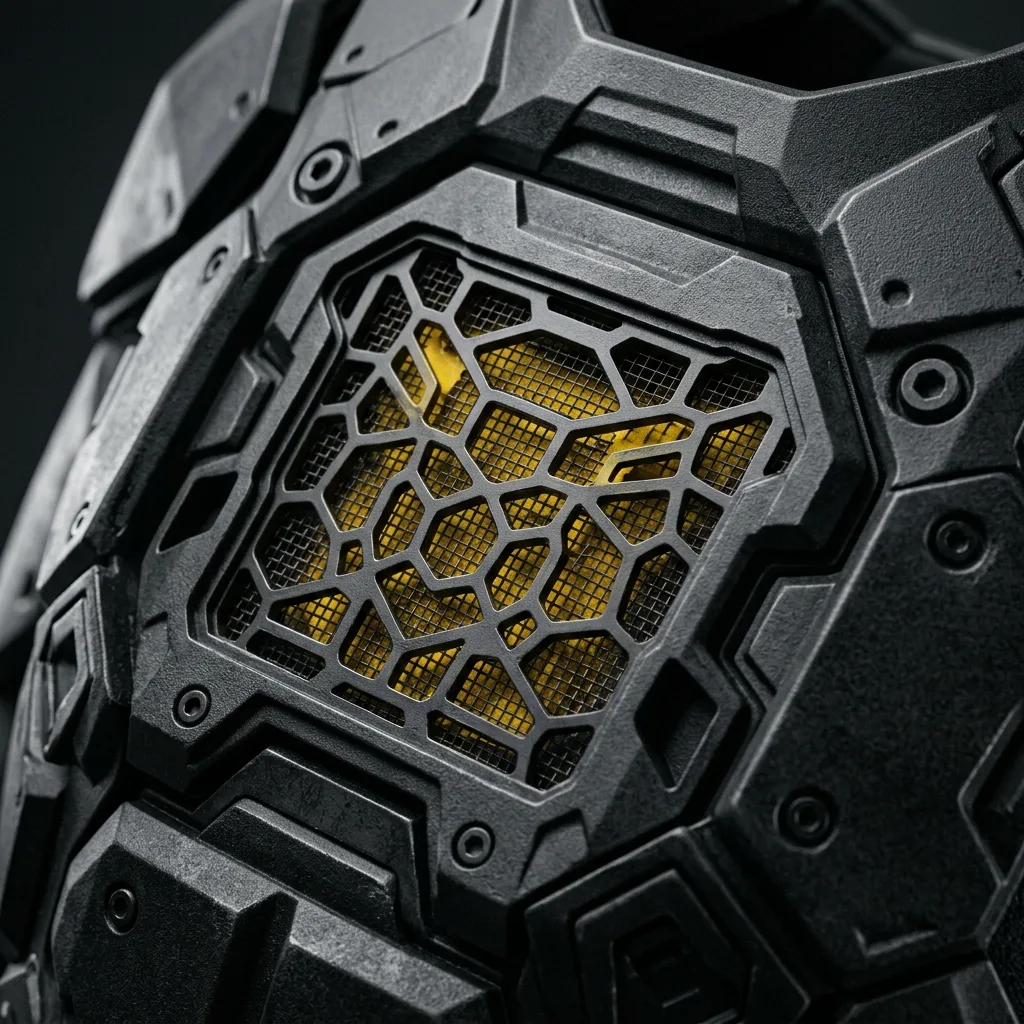 Close-up van een zwarte borstprotector met geel ventilatierooster