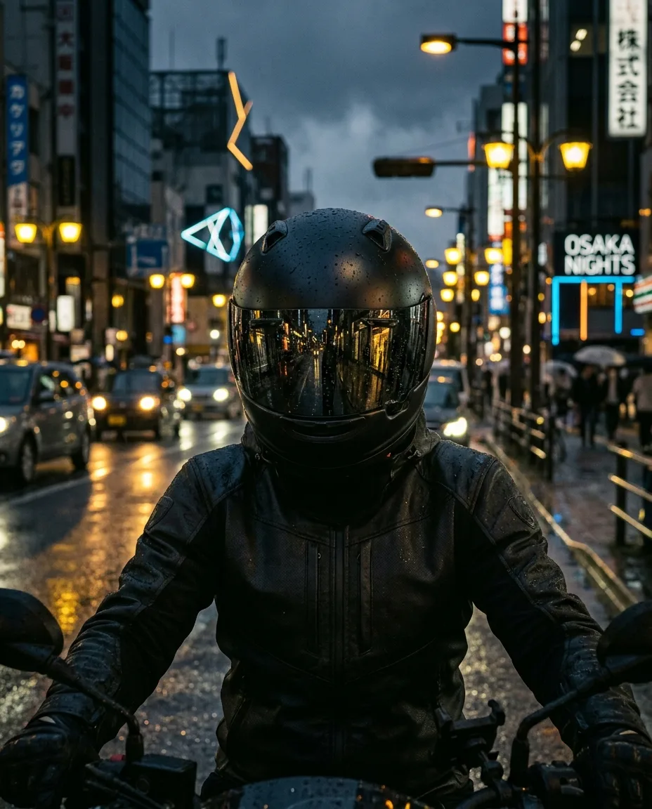 Motorrijder met zwarte helm en jas in een natte stadsstraat bij avond